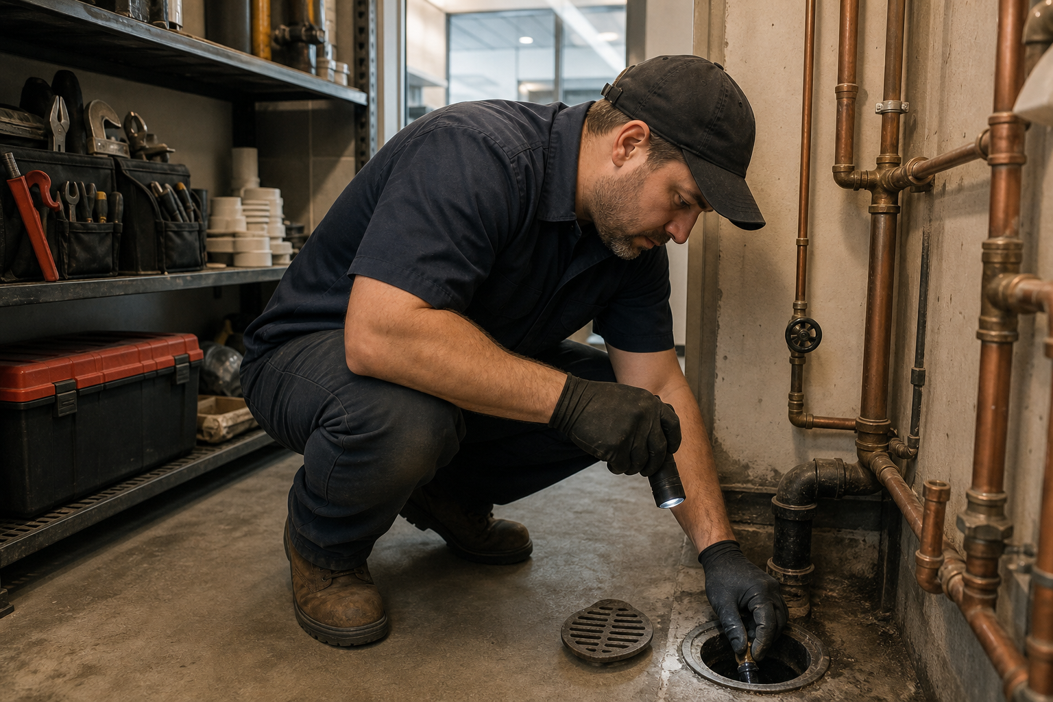 Plombier inspectant un drain commercial à Montréal